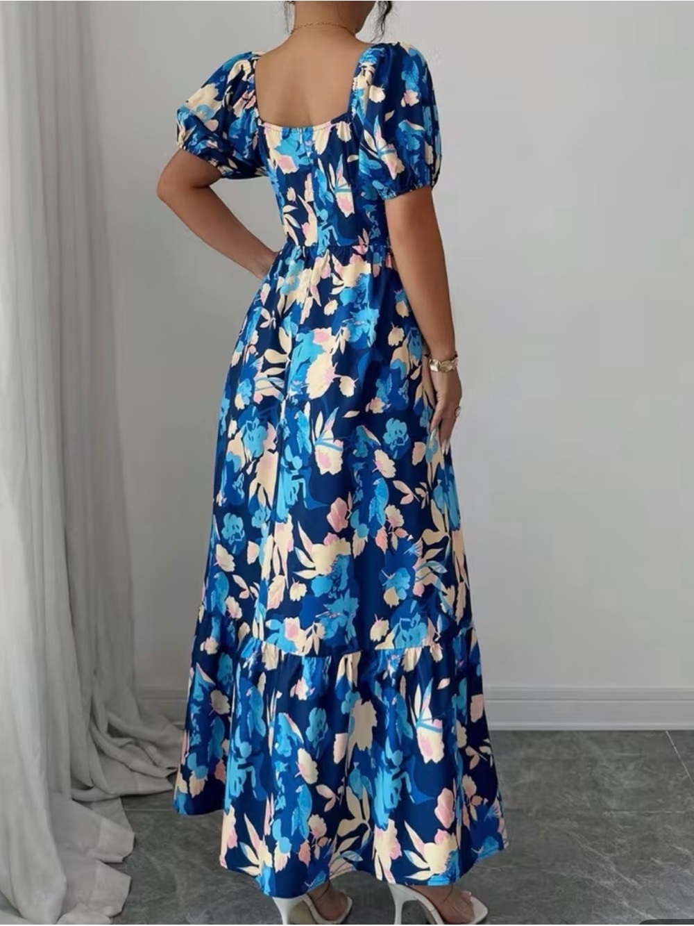 Blue Floral Square-Neck Puff Sleeve Maxi Dress - Picture 3 of 3
